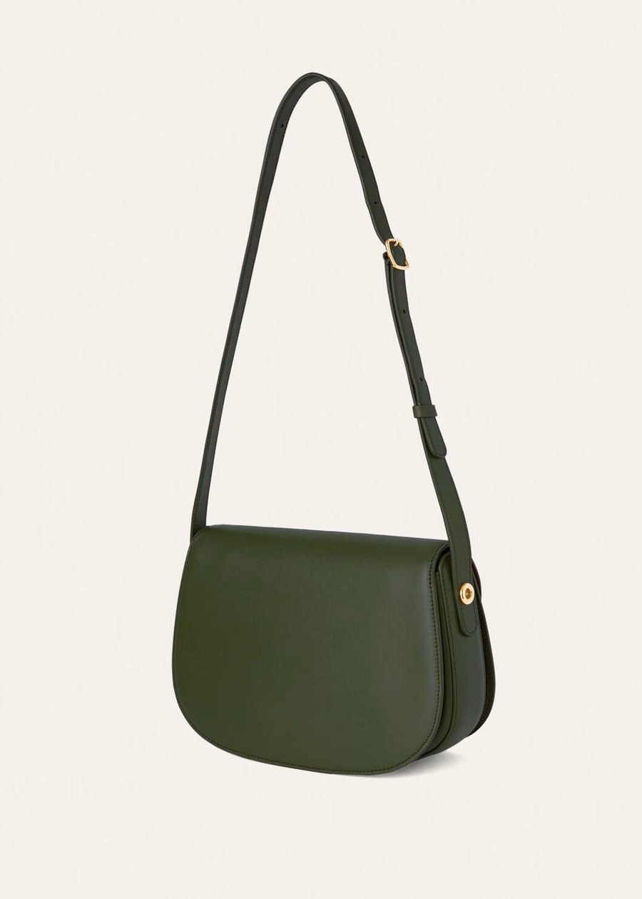 Bolso pequeño Ghira de piel de becerro lisa, color verde musgo oscuro/Kummel.