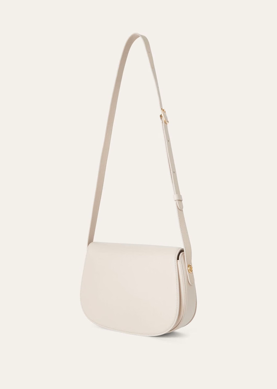Bolso pequeño Ghiera de piel de becerro granulada color travertino claro/oro sol.