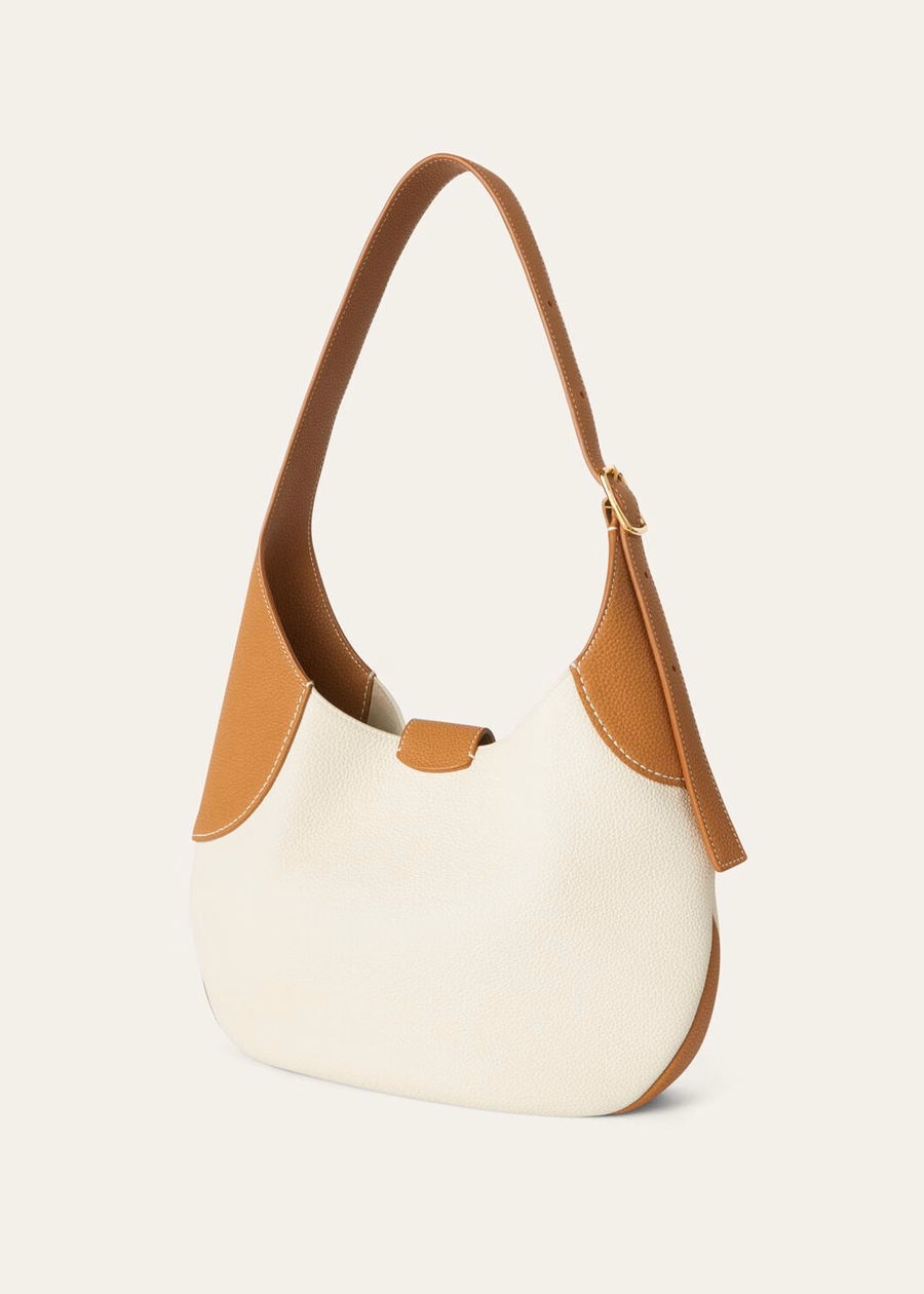 Bolsa mediana Bobbin Bag, color blanco susurro/salvado de trigo/piel de becerro color oro sol.