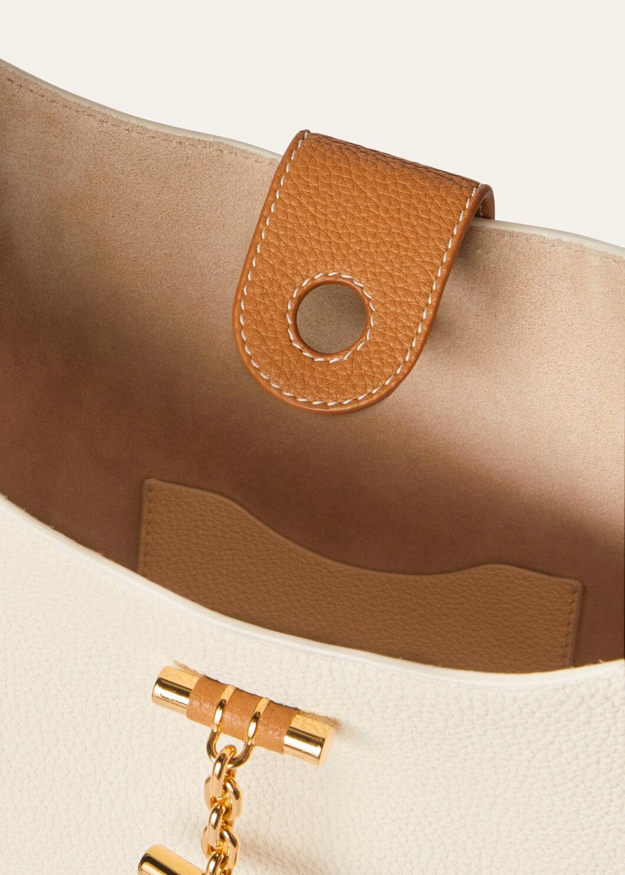Bolsa mediana Bobbin Bag, color blanco susurro/salvado de trigo/piel de becerro color oro sol.