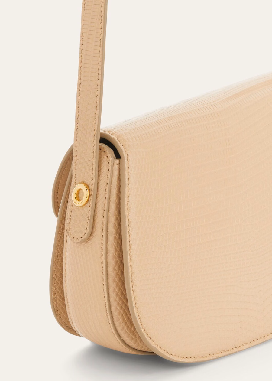 Mini bolso Ghiera de piel de lagarto color lentisco claro/oro sol.