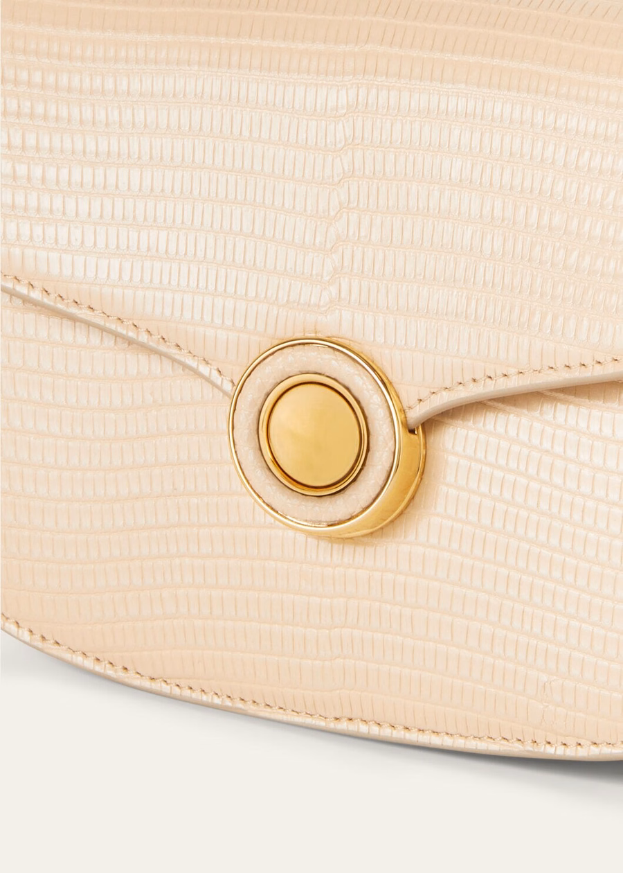 Mini bolso Ghiera de piel de lagarto color lentisco claro/oro sol.
