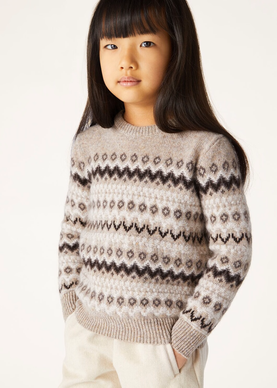 Jersey de cuello redondo de cachemir Alpe Pile para niños, color beige/gris oscuro jaspeado.