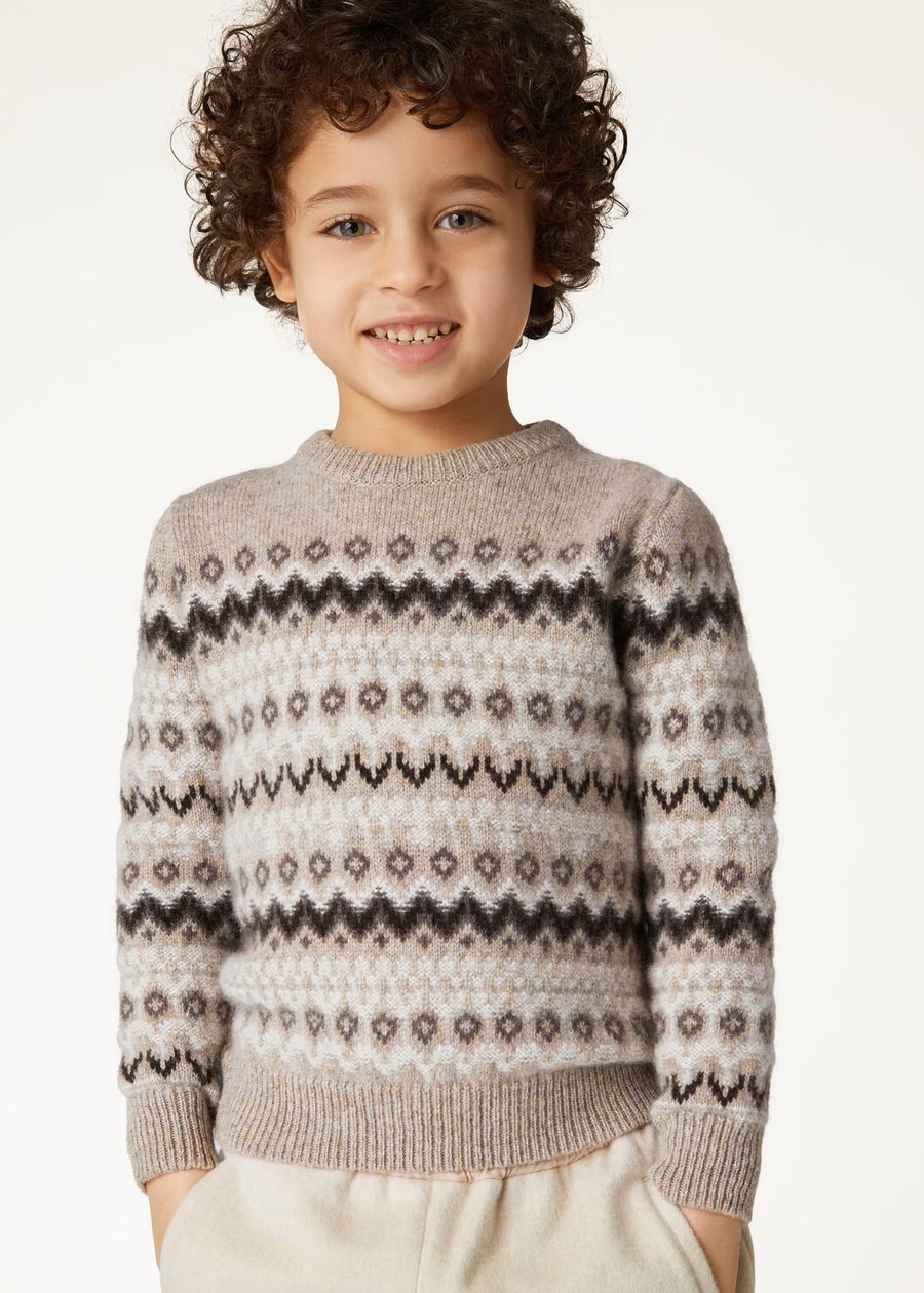 Jersey de cuello redondo de cachemir Alpe Pile para niños, color beige/gris oscuro jaspeado.