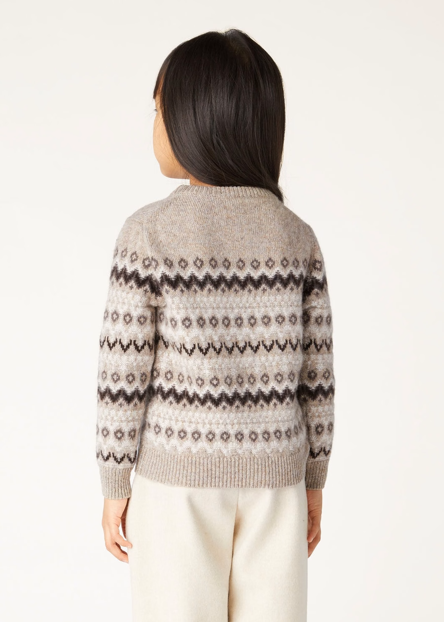 Jersey de cuello redondo de cachemir Alpe Pile para niños, color beige/gris oscuro jaspeado.