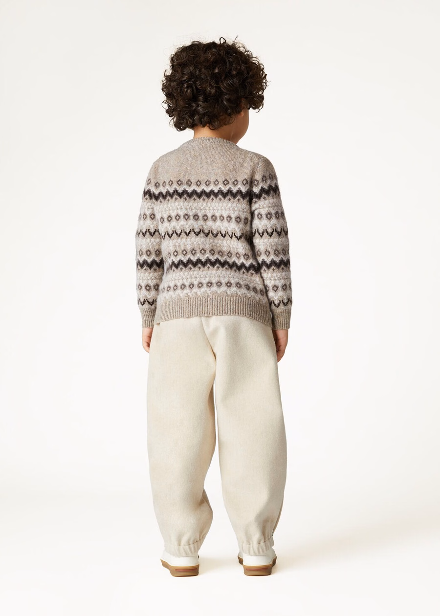 Jersey de cuello redondo de cachemir Alpe Pile para niños, color beige/gris oscuro jaspeado.