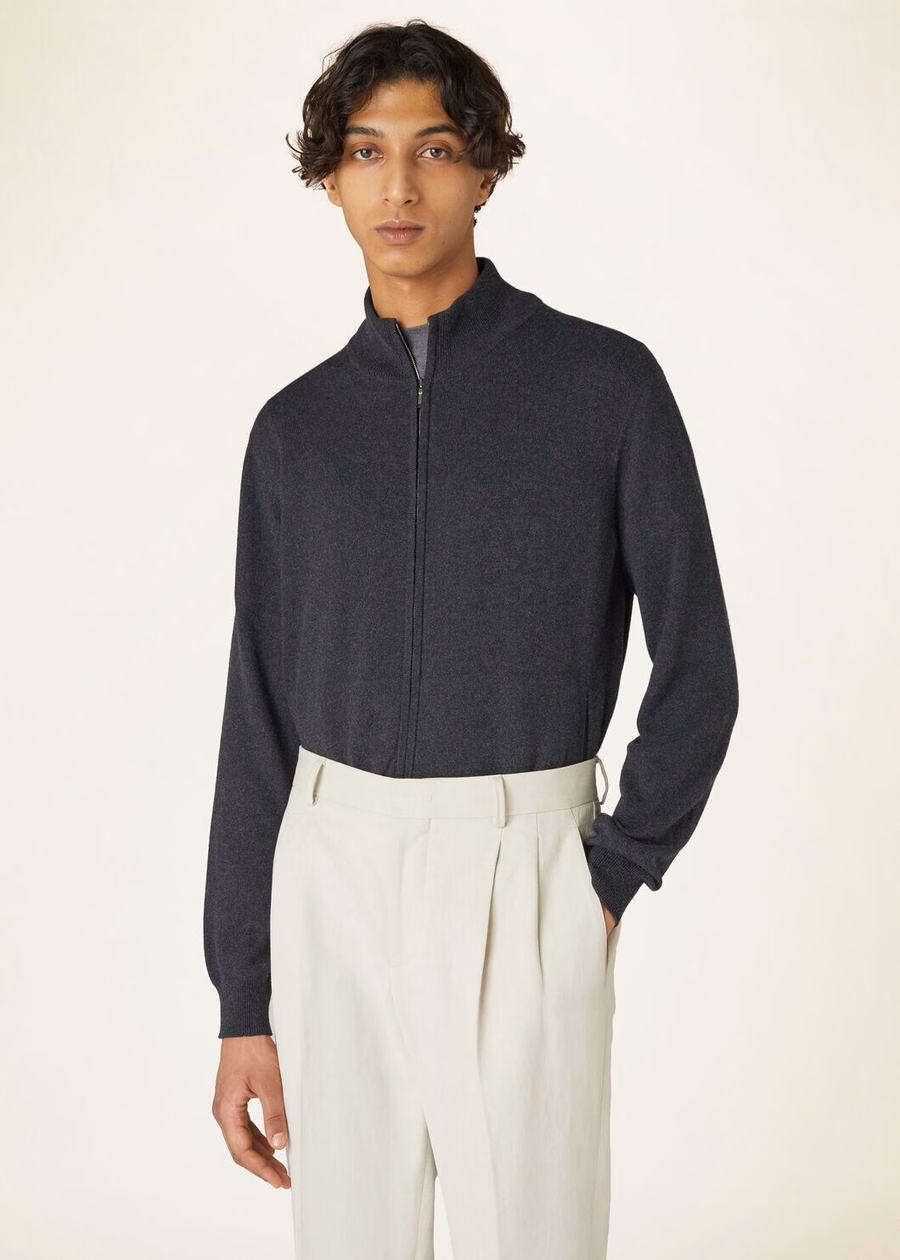 Chaqueta bomber clásica con cremallera para bebés, cachemir negro/gris jaspeado.