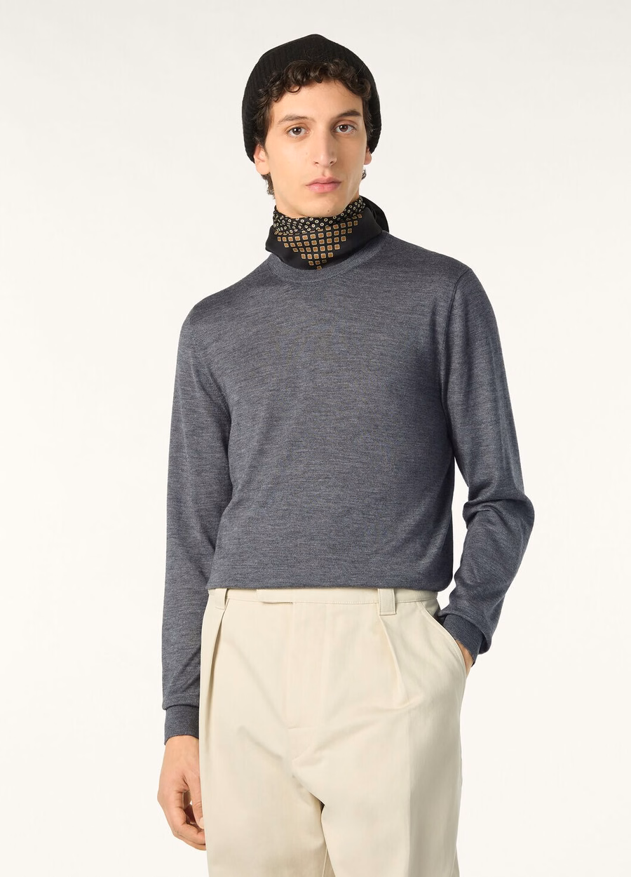 Sudadera de cuello redondo de seda y cachemira de lana virgen Sottile, color gris jaspeado.