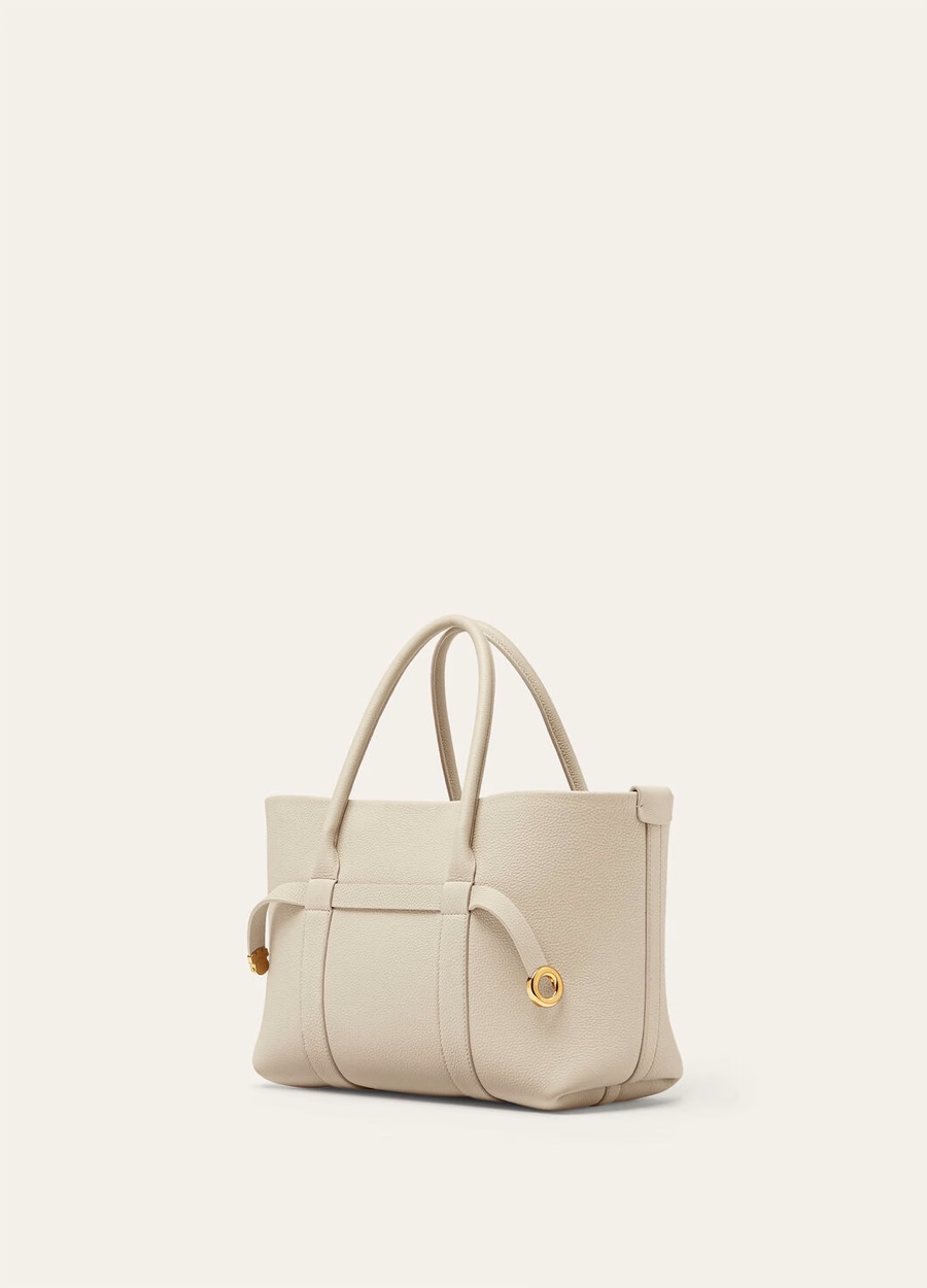 Bolso shopper pequeño Ghiera de piel de becerro color travertino claro/oro sol.