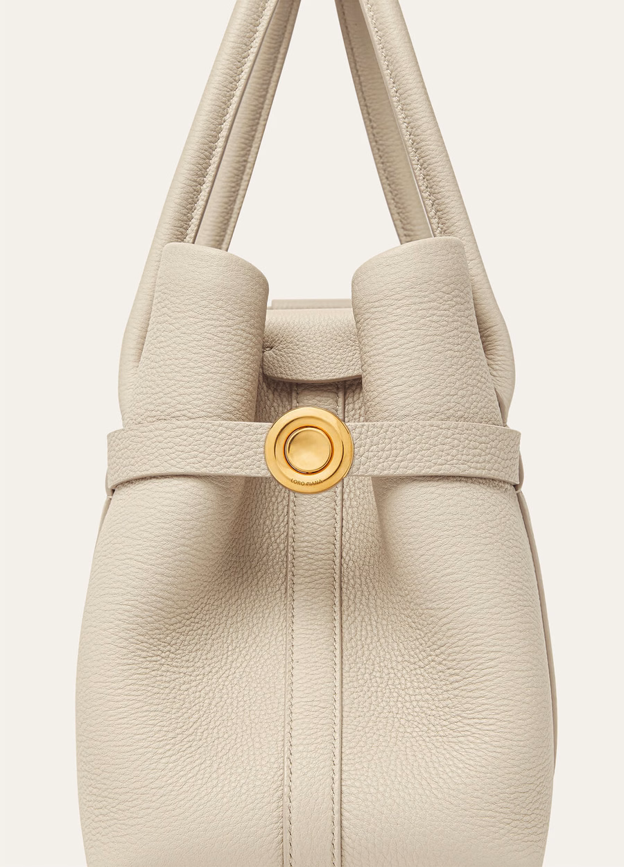 Bolso shopper pequeño Ghiera de piel de becerro color travertino claro/oro sol.